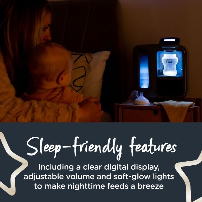 Black Perfect Prep machine on bedside table at nighttime with text about its sleep-friendly features