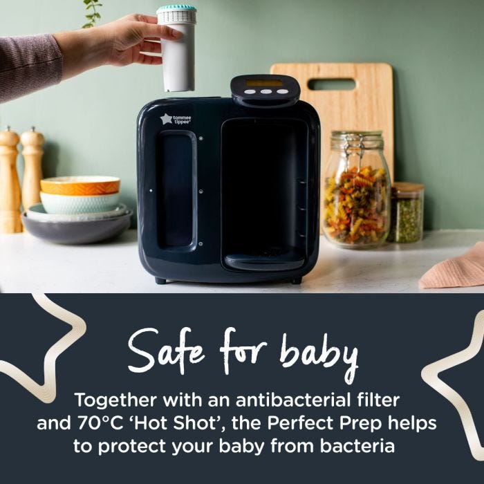 Someone placing a filter in their Perfect Prep machine with text about how it’s safe for your baby