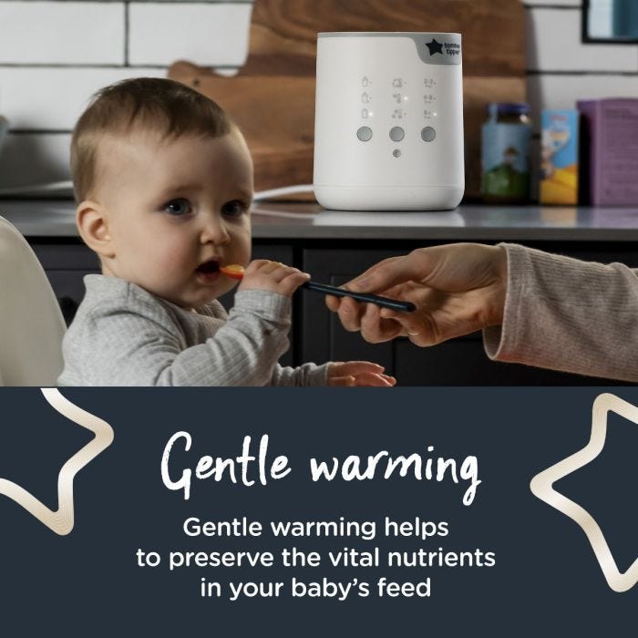 Mum feeding baby with bottle warmer in the background above text about gentle warming