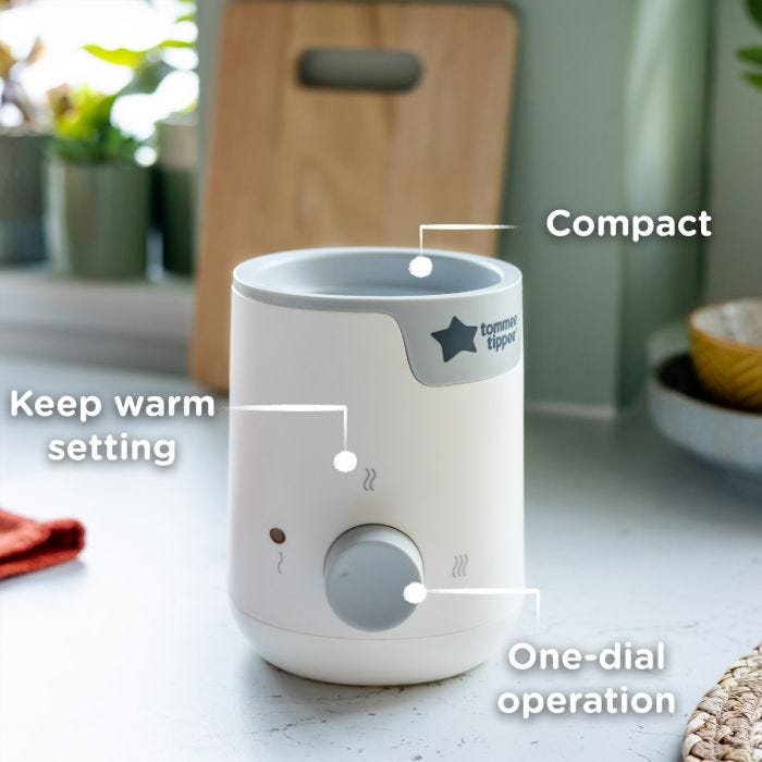 Easiwarm bottle warmer with pointers to its keep warm setting, one-dial operation and compact design