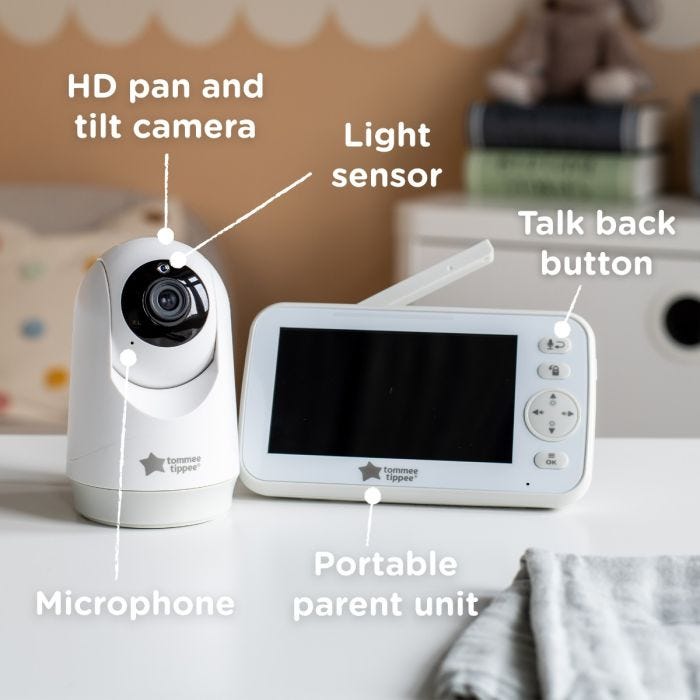 Parent unit and camera in nursery with pointers to highlight different features.