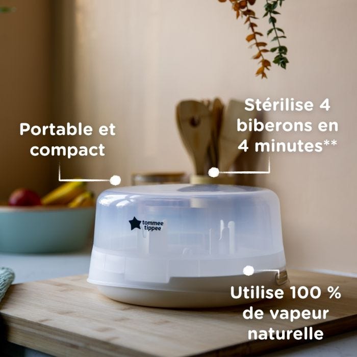 Stérilisateur micro-ondes sur un comptoir de cuisine avec des flèches indiquant ses fonctionnalités