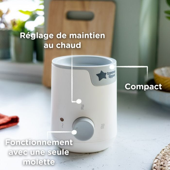 Chauffe-biberon Easiwarm avec indications sur son maintien au chaud, son utilisation à une seule touche et son design compact