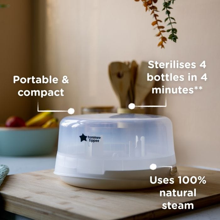 Microwave steriliser on a kitchen counter with pointers to its main