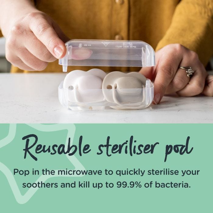 Woman lifting the lid of her soother box with text about the reusable steriliser pod