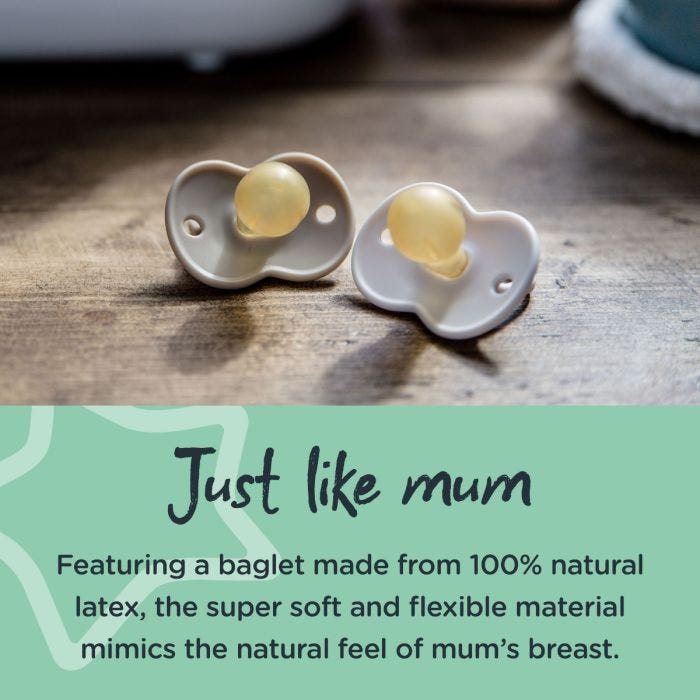 Two Cherry latex soothers on a kitchen table with text about how the super soft baglet mimics the natural feel of mum’s breast