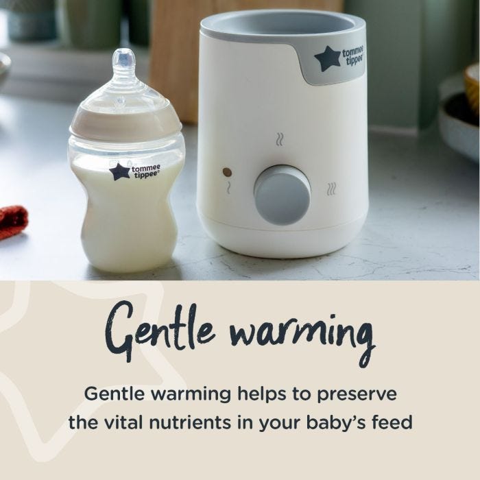 Easiwarmer next to filled baby bottle with text about gentle warming