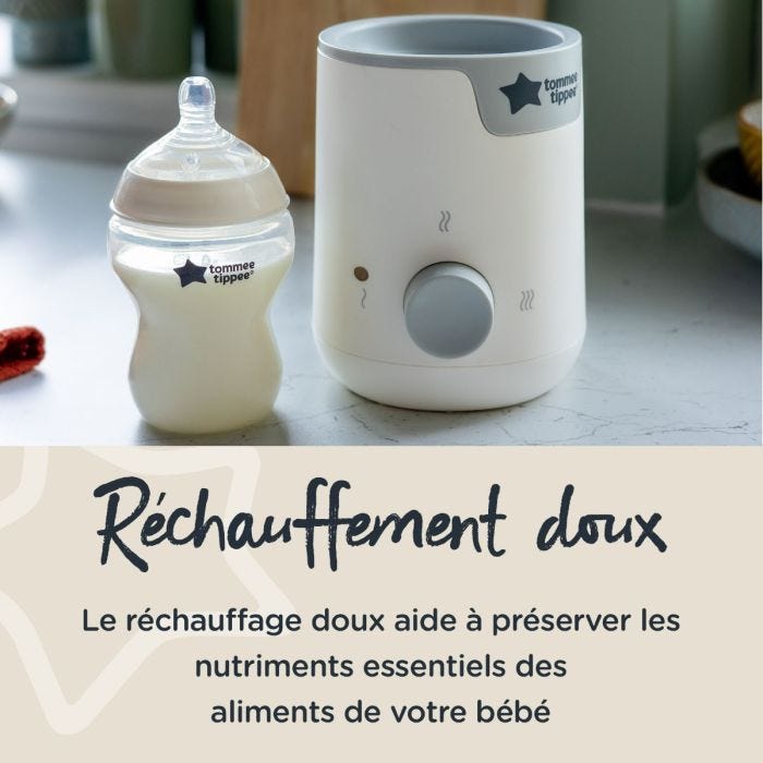 Chauffe-biberon à côté d&apos;un biberon rempli avec un texte sur le réchauffement doux