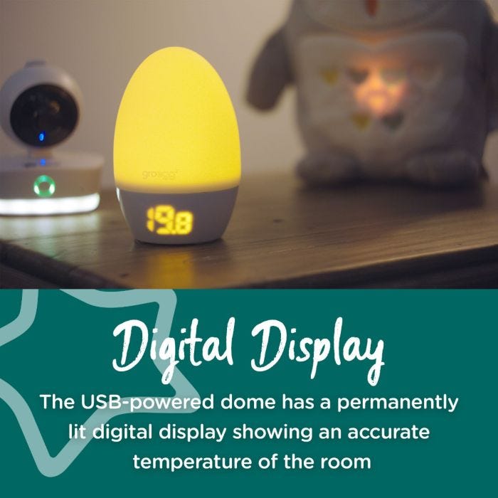 Groegg illuminated yellow in a dark room with texting saying it has a digital display