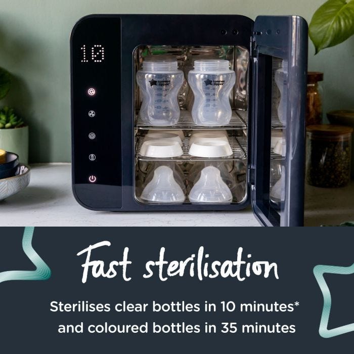UV steriliser with clear bottles inside and text about fast sterilisation