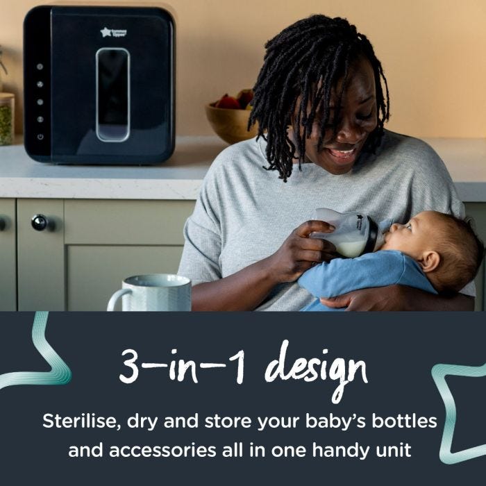 Mum feeding baby in front of UV steriliser with text about its 3-in-1 design