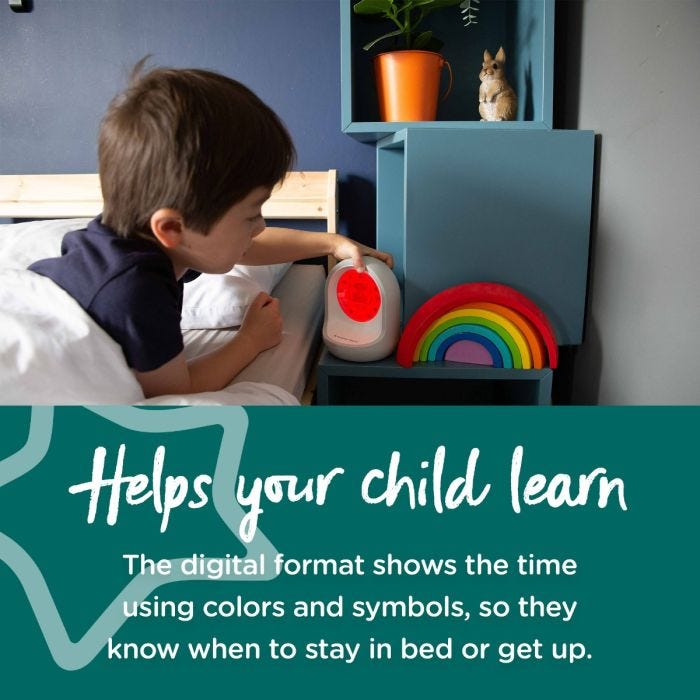 Little boy touching his sleep trainer clock with text about helping your child learn