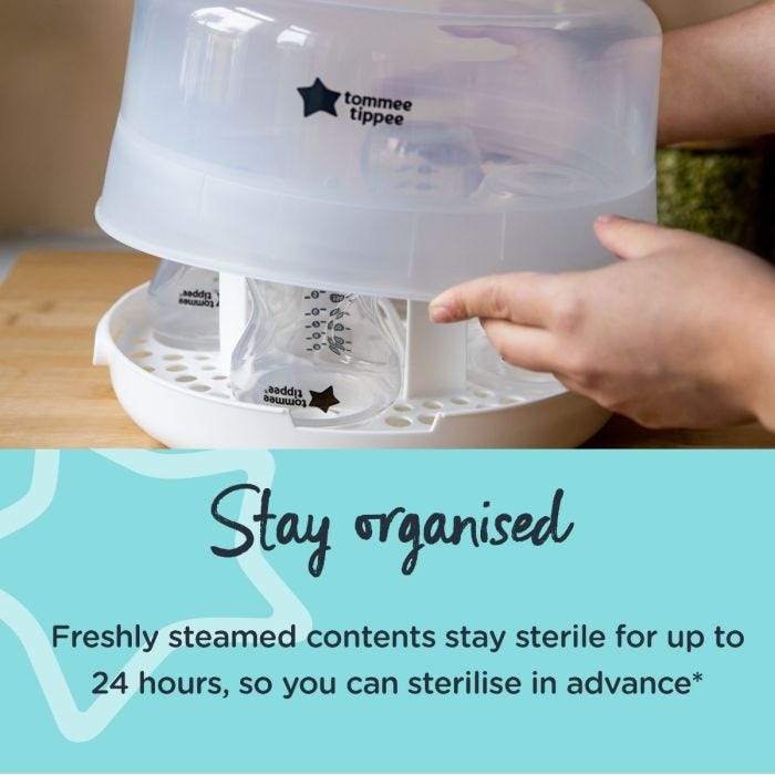 Someone closing the lid of their microwave steriliser with text about staying organised