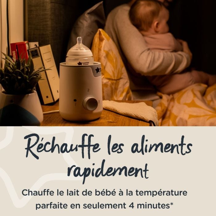 Chauffe-biberon sur table de chevet avec un texte expliquant qu&apos;il réchauffe rapidement les biberons