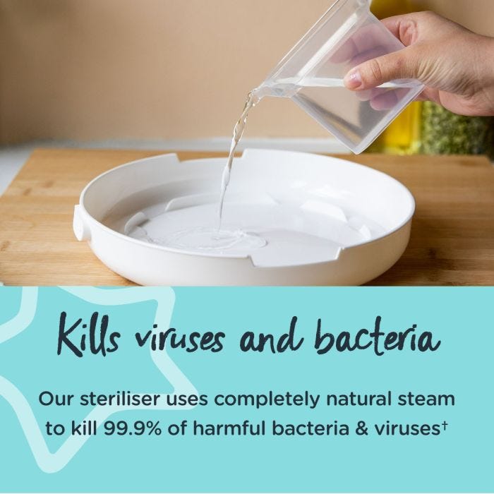 Someone pouring water into the base of the microwave steriliser with text about how steam kills viruses