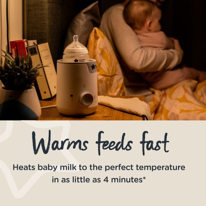 Easiwarmer on bedside table with text about how it warms feeds fast