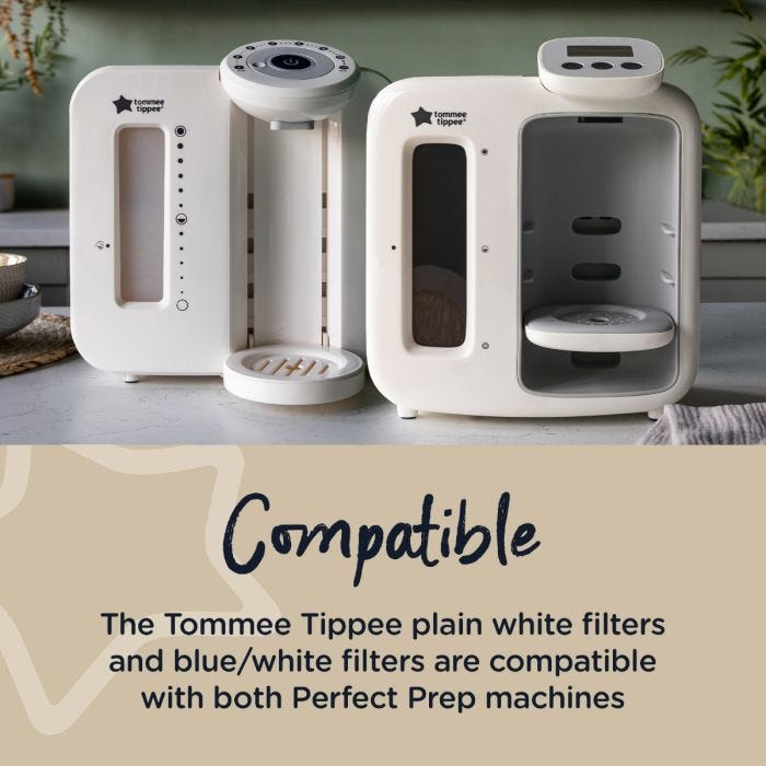 Both Tommee Tippee Perfect Prep machines on a kitchen counter with text about how the replacement filter is compatible with both