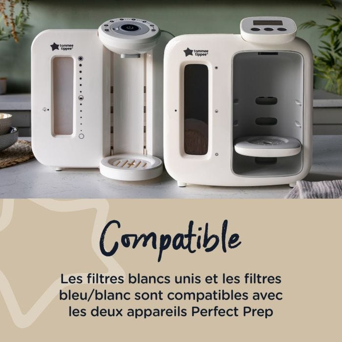 Tommee Tippee et Perfect Prep sur un comptoir de cuisine avec un texte sur la compatibilité du filtre de rechange avec les 2