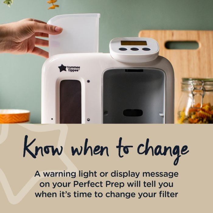 Someone replacing the caddy in their Perfect Prep machine with text about knowing when to change your filter