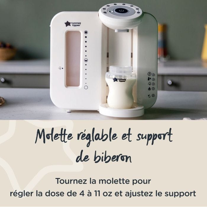 Machine Perfect Prep blanche sur un comptoir de cuisine avec texte portant sur sa molette et son support réglables