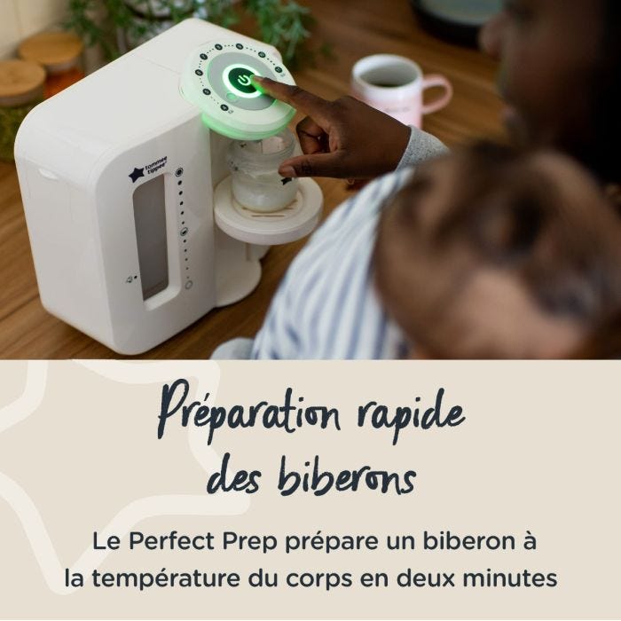 Maman appuyant sur le bouton d&apos;alimentation de son Perfect Prep avec texte portant sur la rapidité de la préparation