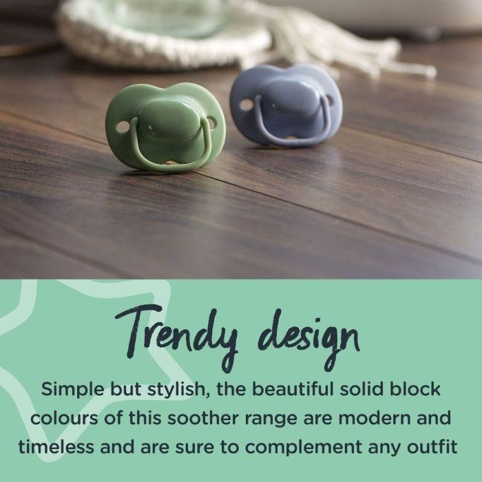 Two Cherry latex soothers on a kitchen counter with text about their trendy designs