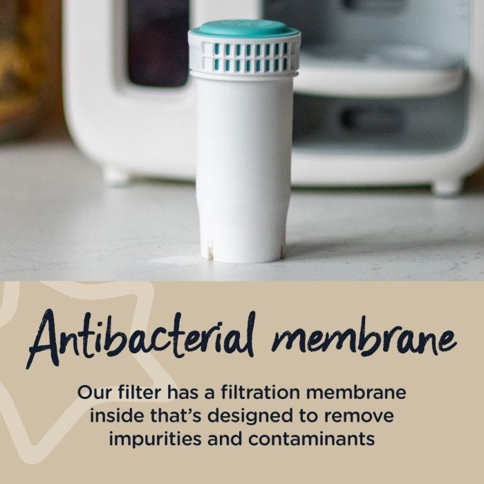 Replacement filter on a kitchen counter with text about its antibacterial membrane