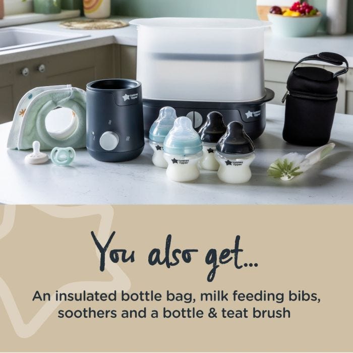 All Complete Feeding Kit components on kitchen counter with text about what else is included in the kit