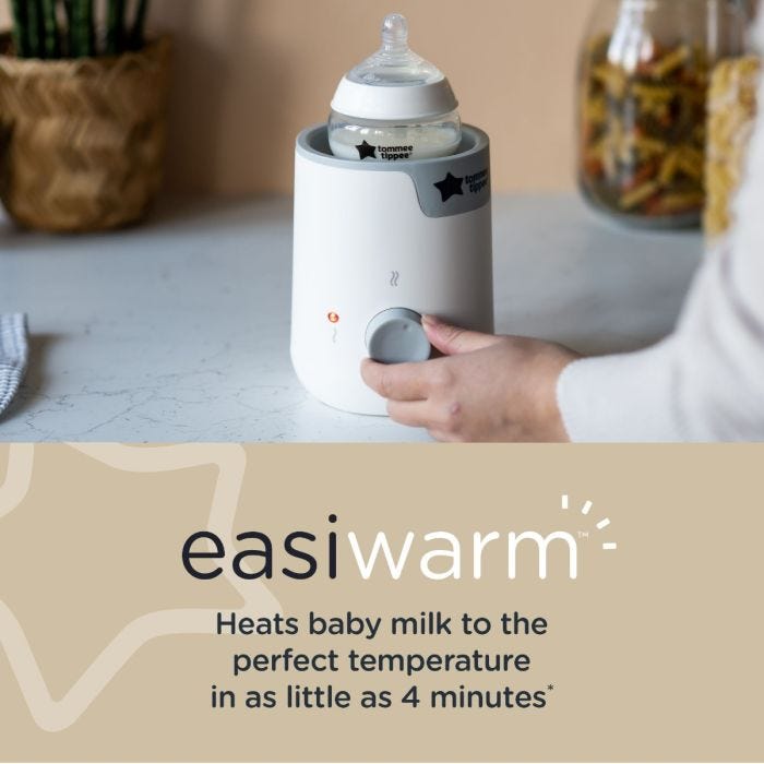 Easiwarm bottle warmer with baby bottle inside and text about how it warms milk in as little as 4 minutes