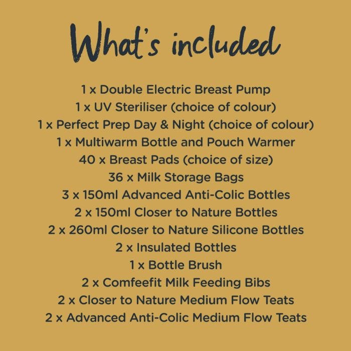 List of what is included in the ultimate combination feeding bundle. Including breast pump, steriliser, perfect prep machine and accessories.