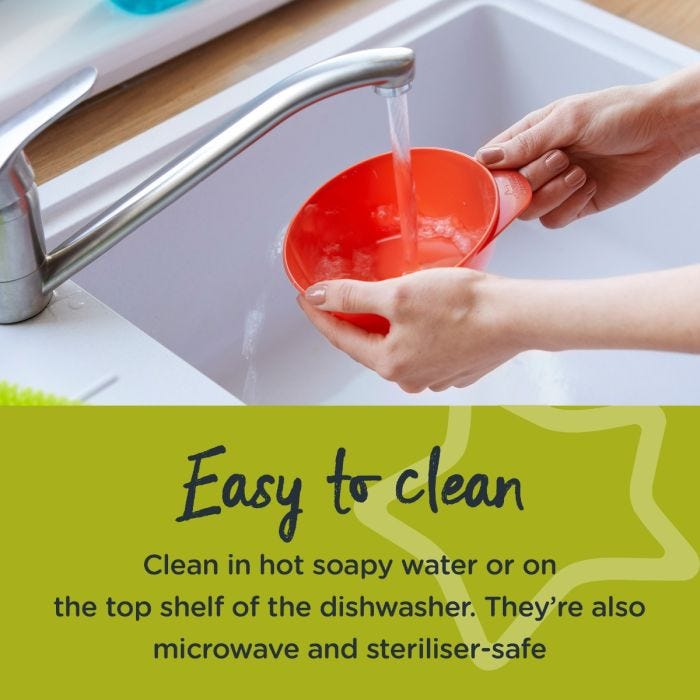 Someone cleaning their Easi Scoop bowl in water with text about how it’s easy to clean
