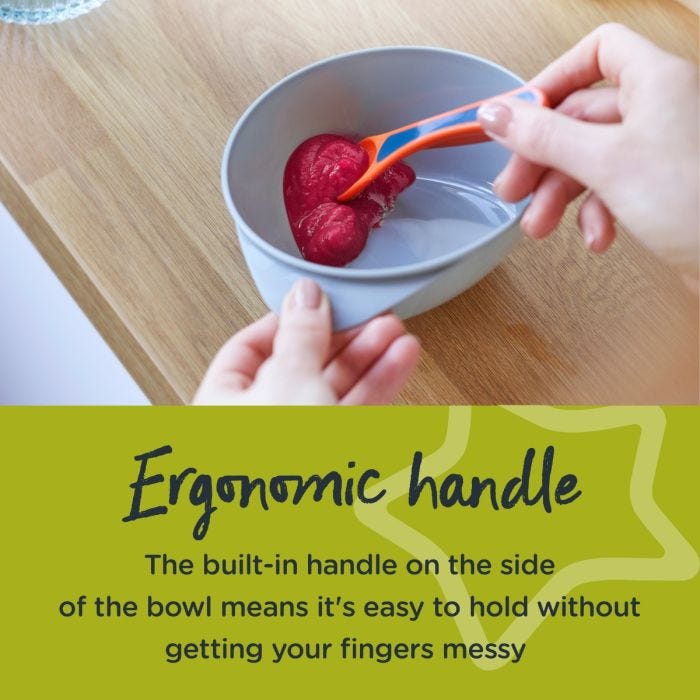 Mum scooping food from her bowl with text about the ergonomic handle