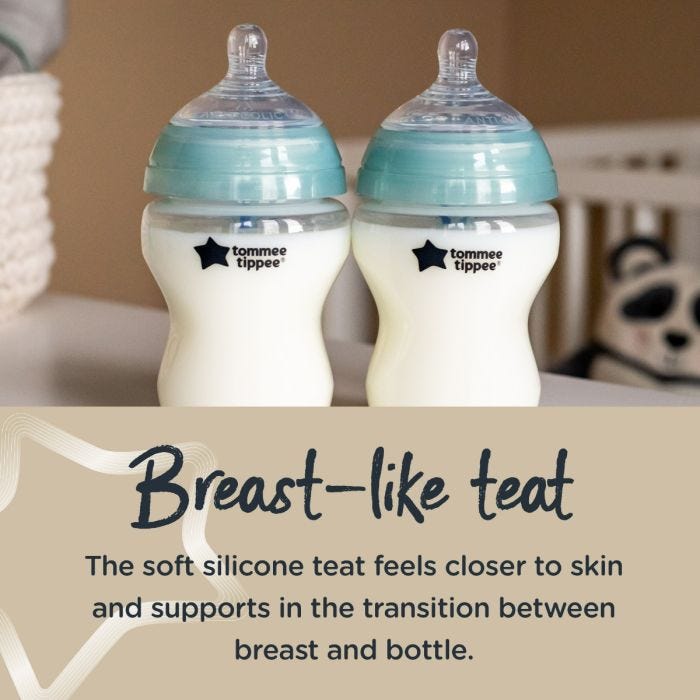 2x Advanced Anti-Colic baby bottles with text below explaining the benefits of the breast-like teat.