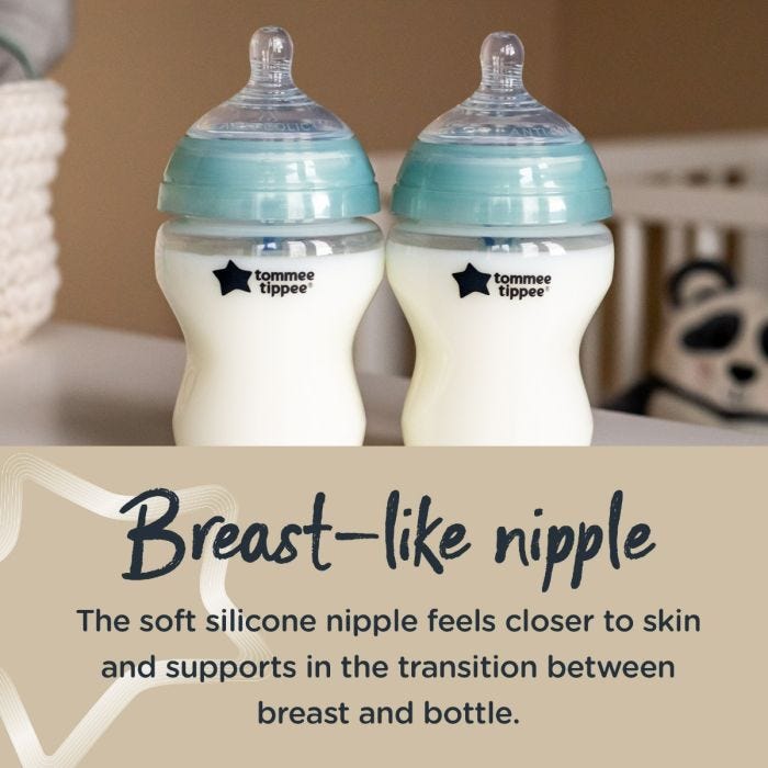 2x anti-colic baby bottles on a white bench with text below describing the breast-like nipple that feels closer to skin.