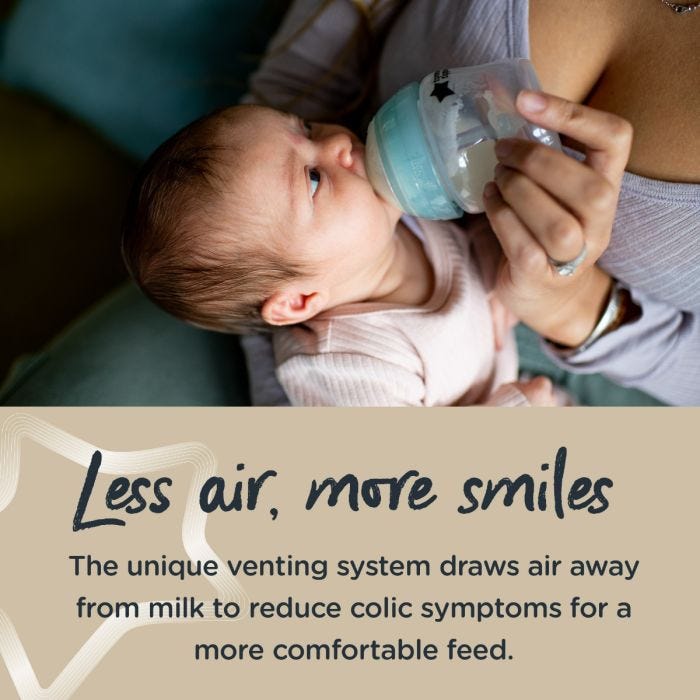 Baby being bottle fed with an anti-colic bottle with text below describing how the unique venting system reduces colic symptoms.