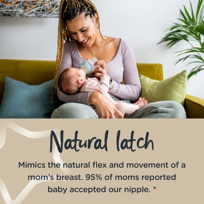 Woman feeding baby with anti-colic bottle with text below stating these nipples mimic the natural flex and movement of a mom’s breast.