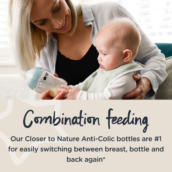 Mum sitting with baby on her lap holding an Advanced Anti-Colic bottle with text about combination feeding