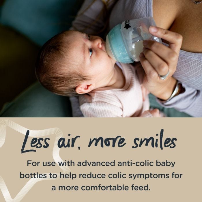 Baby being bottle fed with an anti-colic bottle with text below describing how the unique venting system reduces colic symptoms.