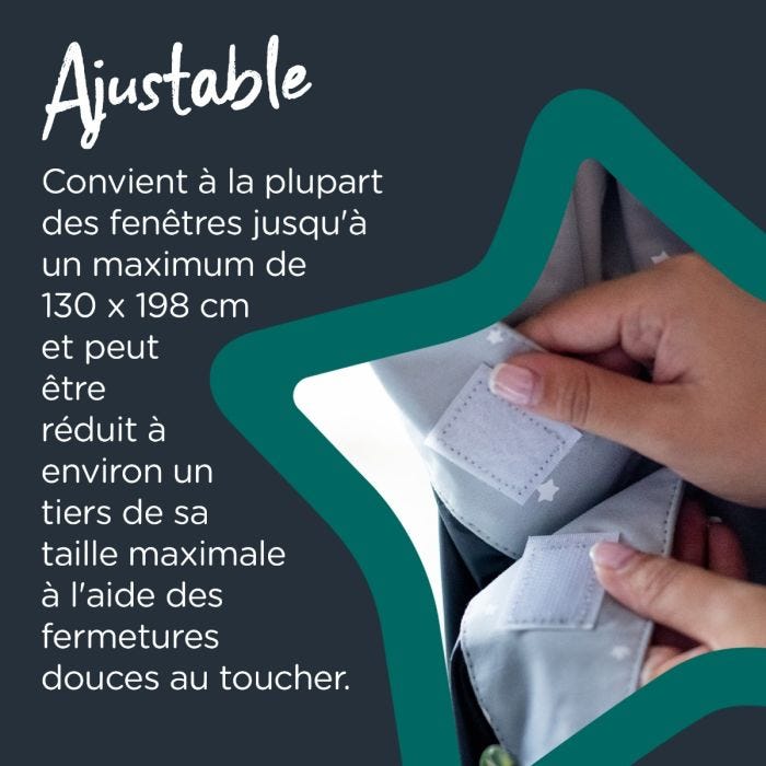 Gros plan sur un tissu gris avec un motif étoiles et lune et un texte expliquant que le tissu est moderne et intemporel.