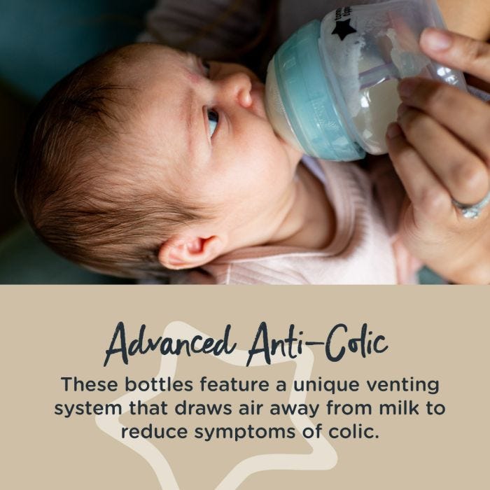Baby being fed with an Anti-Colic bottles with text describing how these bottles work to reduce symptoms of colic.