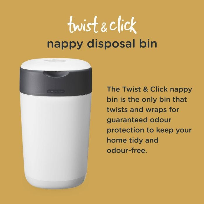 Image of twist and click nappy bin with detail of odour protection properties