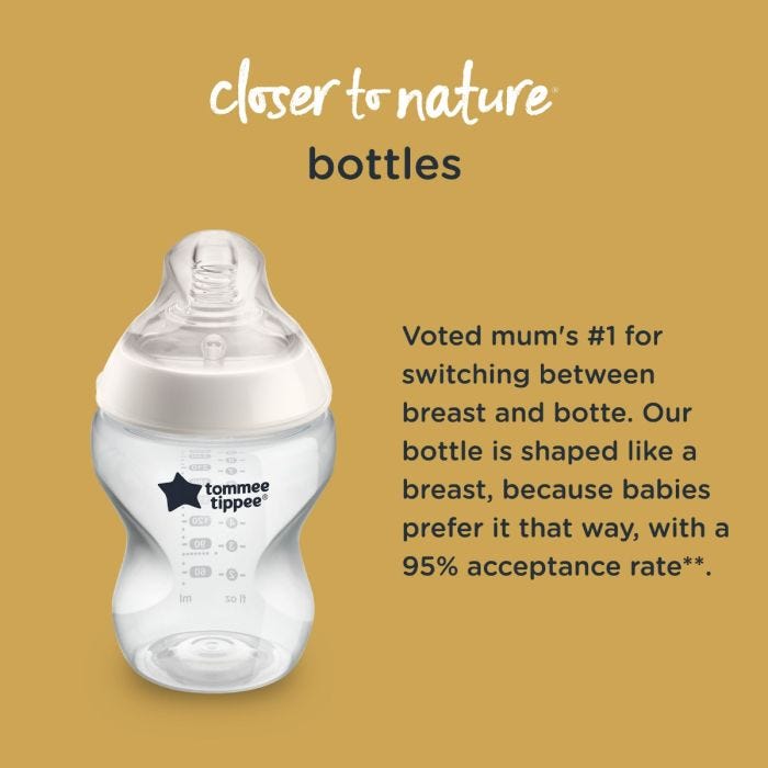 Image of closer to nature baby bottles with details of benefits and 95% acceptance rate