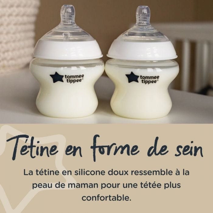 Gros plan de 2 biberons Closer to Nature de 150 ml avec texte expliquant les avantages de la tétine imitant la forme du sein.