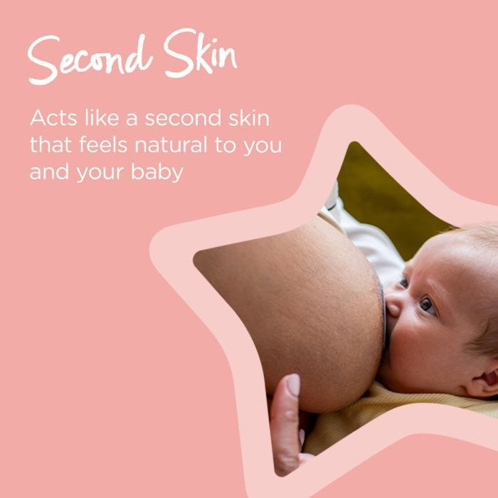 Mum breastfeeding baby while using a nipple shield with text about how it acts as a second skin