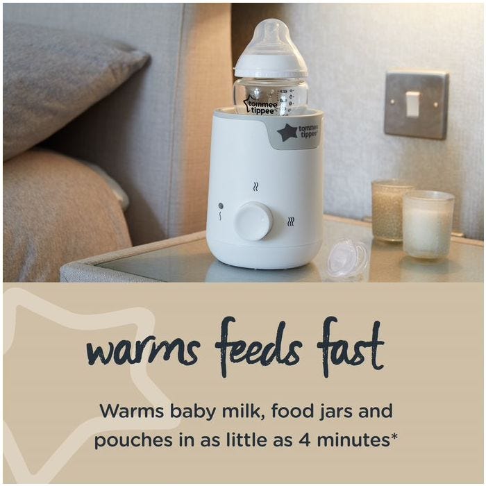 Baby bottle placed inside Easi-Warm warmer with text about how it warms feed fast