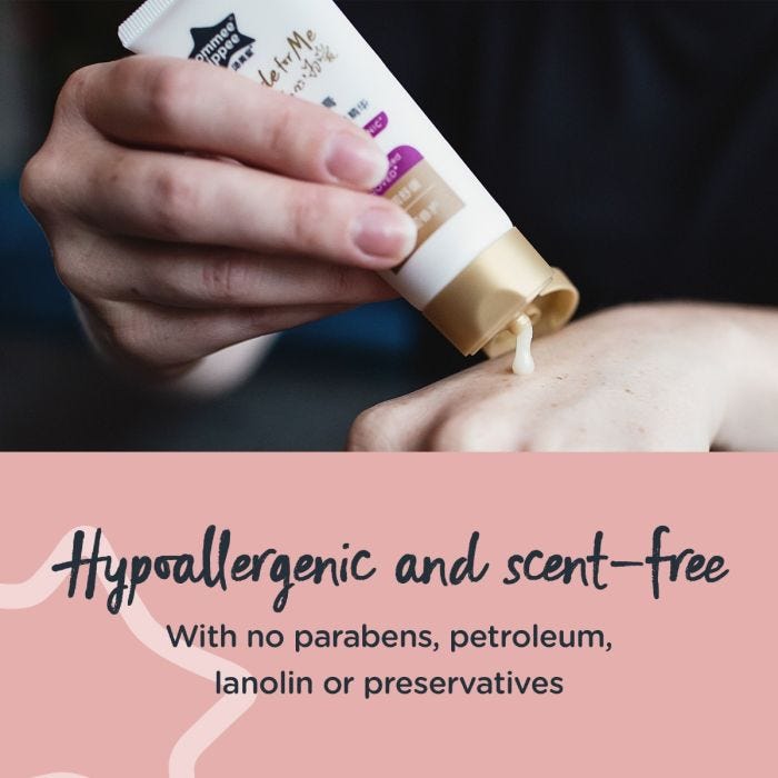 Person squeezing nipple cream onto their hand with text about how it’s hypoallergenic and scent free