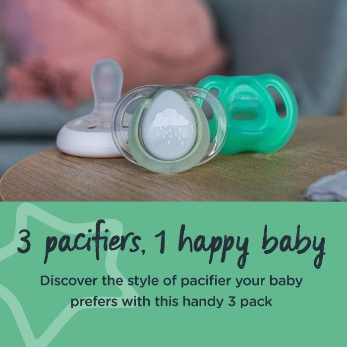 1x Breast-like, 1x Ultra-light and 1x Nighttime pacifier on a wooden table with text saying 3 pacifiers, 1 happy baby