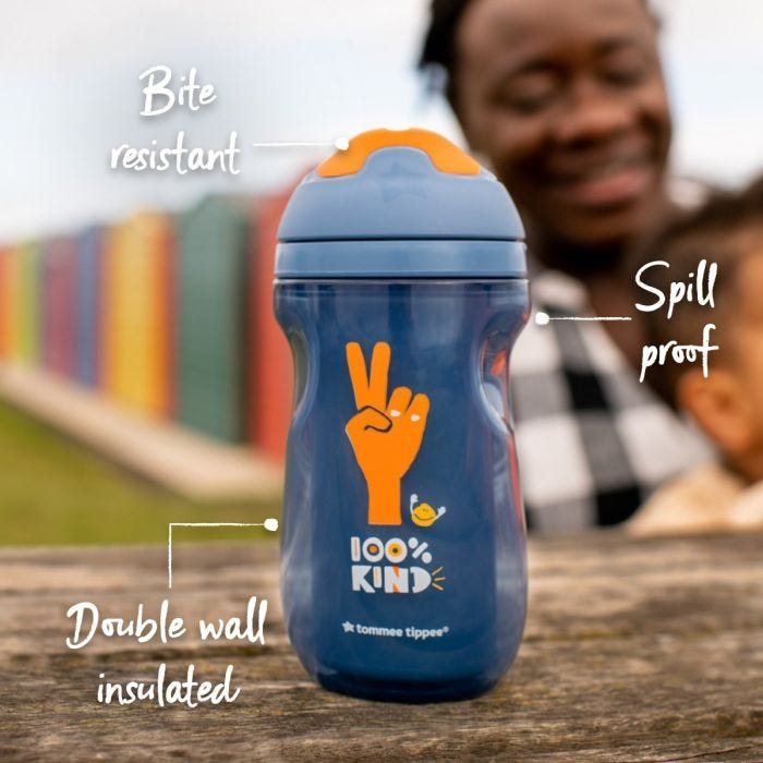 Blue Sippee Cup on a picnic table with pointers to its key features