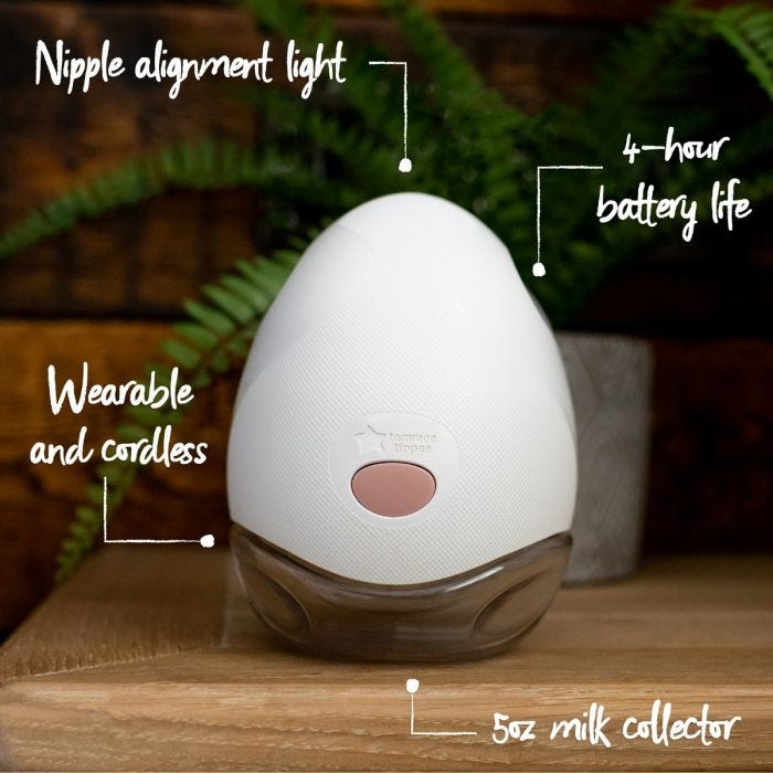 Single wearable breast pump with its packaging box against a white background