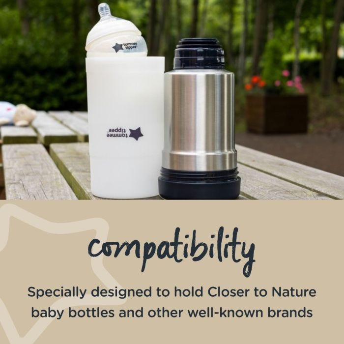 Thermal flask next to frosted base and baby bottle with text about how it’s compatible with Closer to Nature bottles